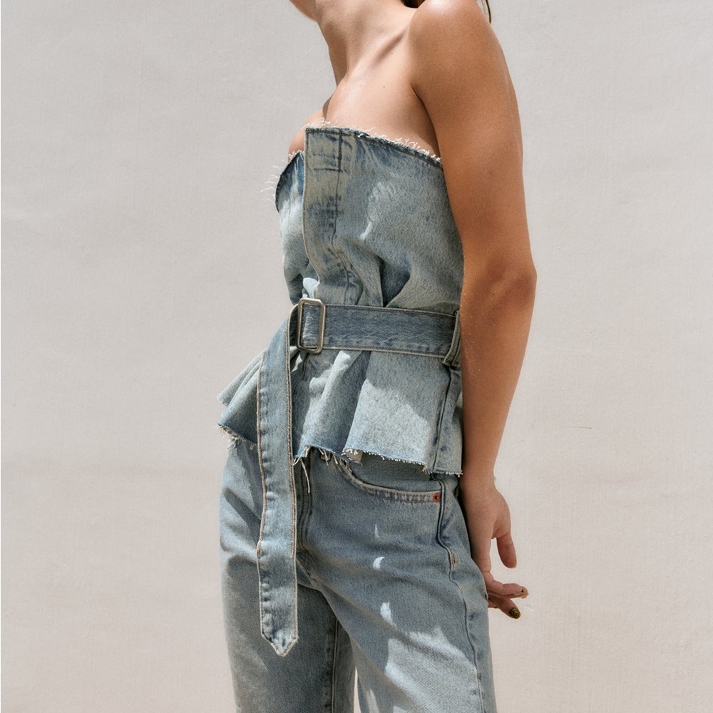 Zara nwt denim jeans belted corset strapless top - Picture 4 of 8